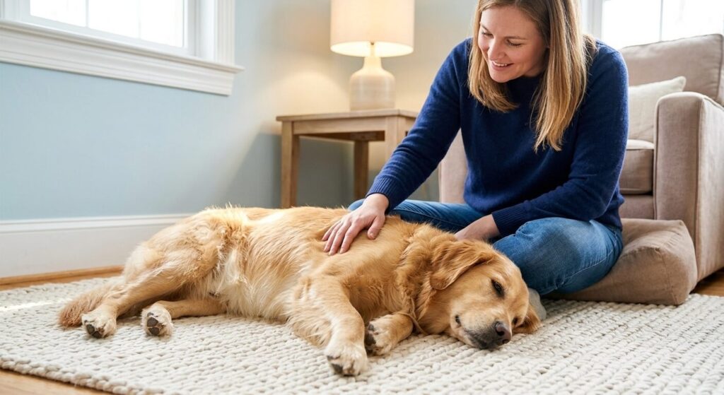 Owner gently petting a relaxed dog on the chest while allowing it space