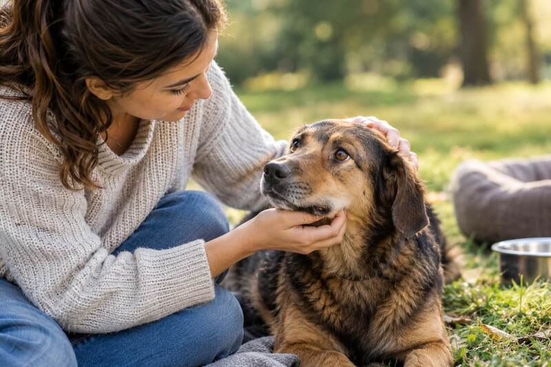 Woman gently comforting a dog and respecting its individual personality and comfort level