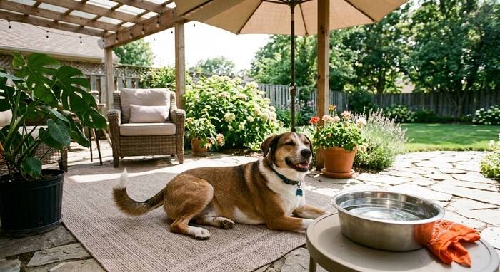 A happy dog resting in a shaded patio area on a warm sunny day with a fresh bowl of water nearby, illustrating safe sunbathing practices for pets.