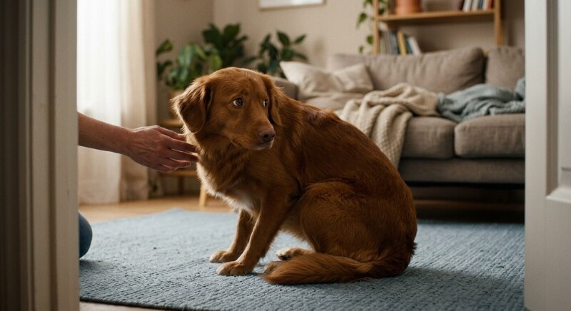 A hesitant dog sitting on a living room rug, showing signs of insecurity and subtle stress body language as an owner gently reaches out