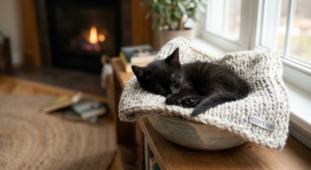 A small black kitten comfortably sleeping and curled up inside a soft cozy miniature blanket in a warm indoor setting