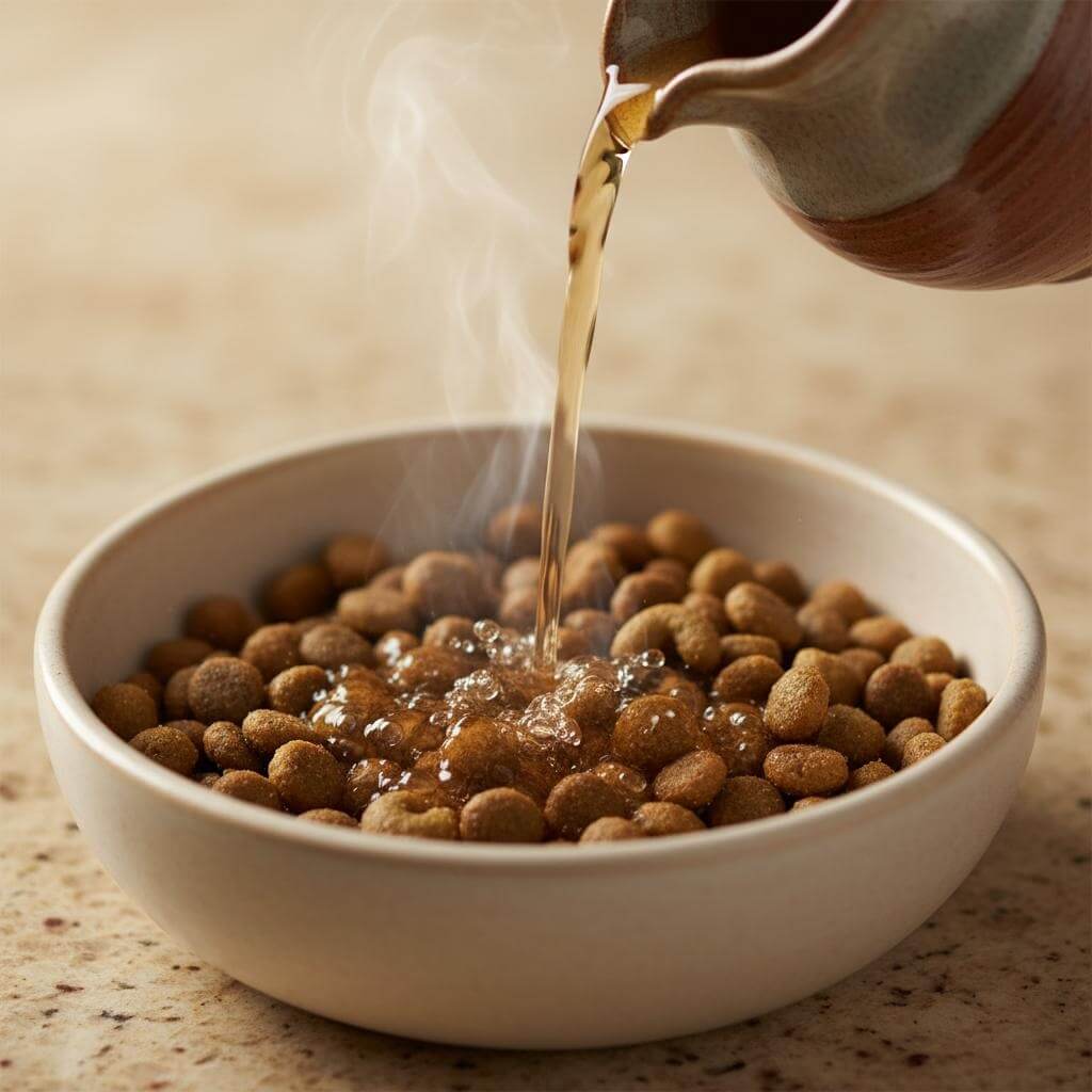 Dog eating dry kibble softened with warm water in a food bowl