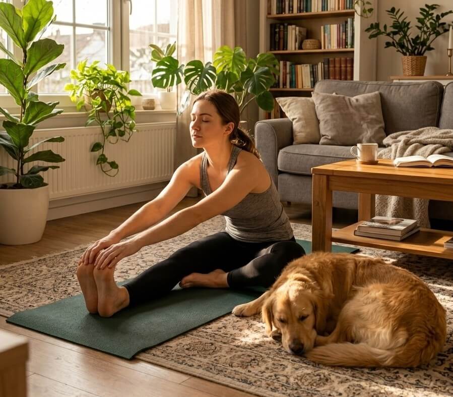 A person doing morning stretching exercises in a sunlit living room with a dog nearby.