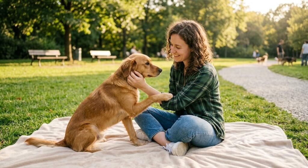 woman sitting on grass in a park bonding with her dog making paw contact