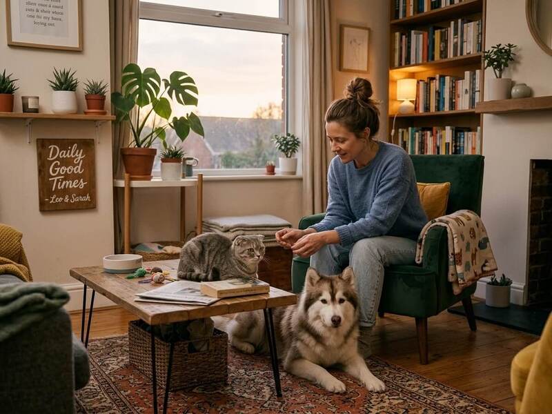 A pet owner actively supervising a cat and a dog resting calmly in a cozy living room, showing careful observation and safe interaction