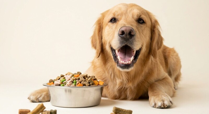 A close-up portrait of a friendly golden retriever happily panting with its mouth open, showing healthy white teeth, sitting next to a bowl of fresh dog food and dental kibble, clean studio background, illustrating the role of diet and nutrition in oral health