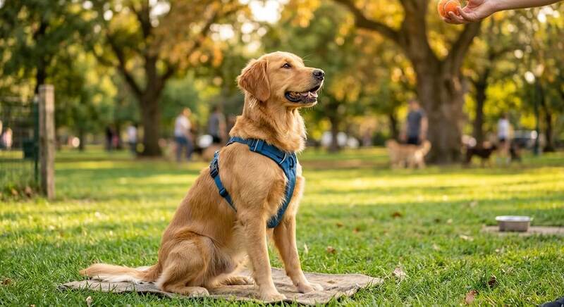 A focused Golden Retriever sitting attentively in a sunny park, learning impulse control before fetching a ball