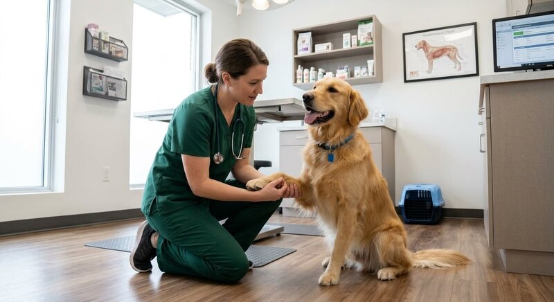 A professional veterinarian gently examining a friendly golden retriever dog in a bright veterinary clinic exam room.