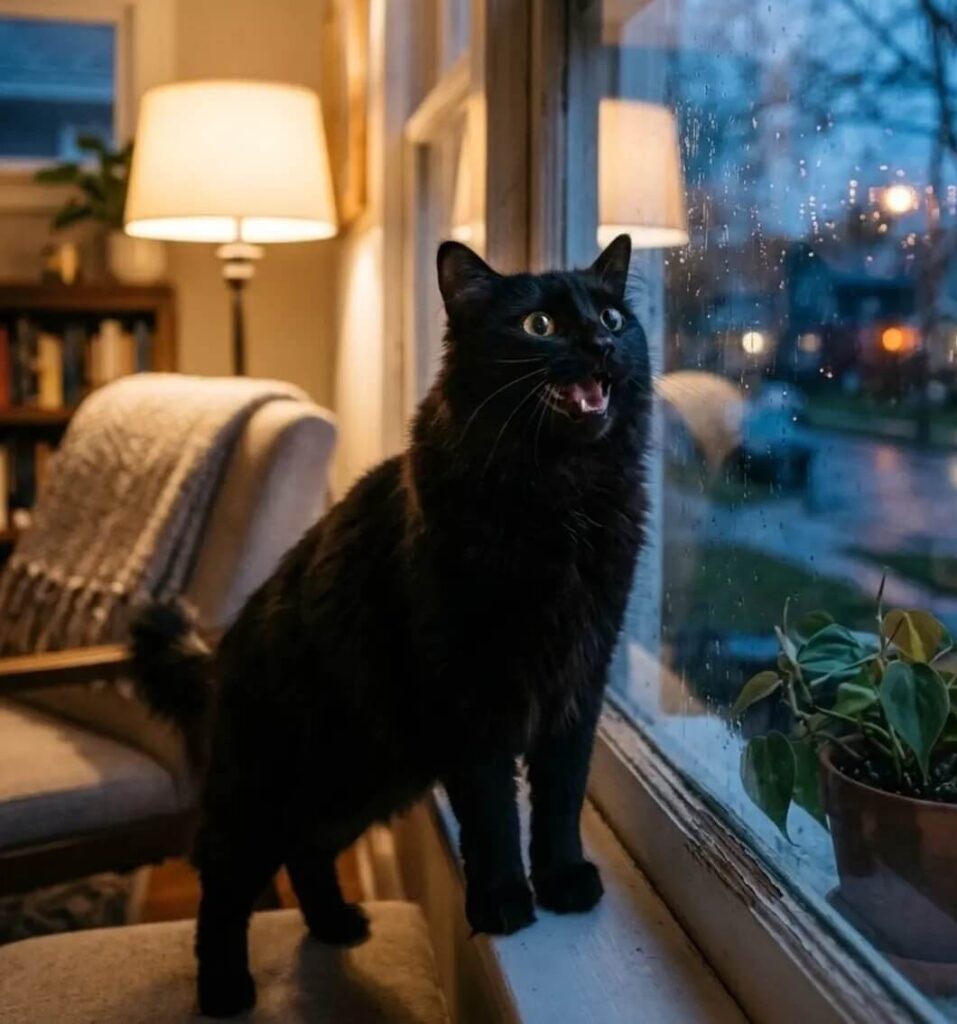 Vocal cat meowing near a window during evening hours