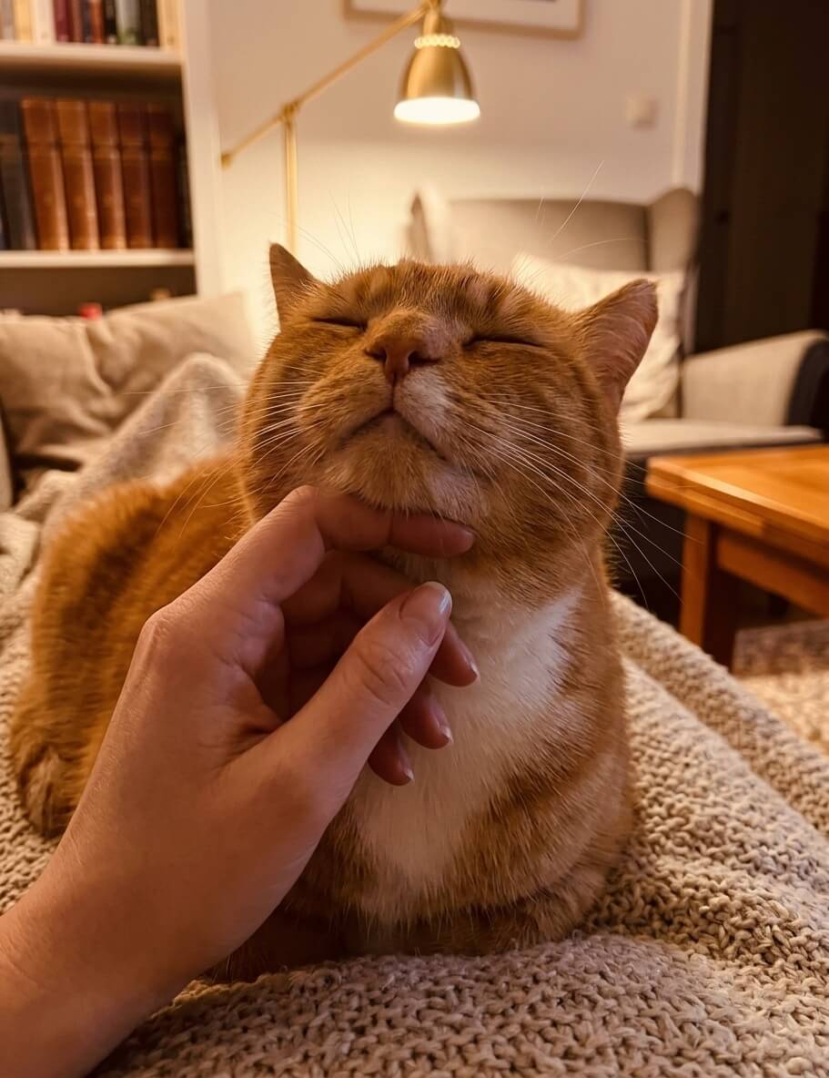 A happy ginger cat enjoying gentle chin scratches with its eyes closed in pure bliss.
